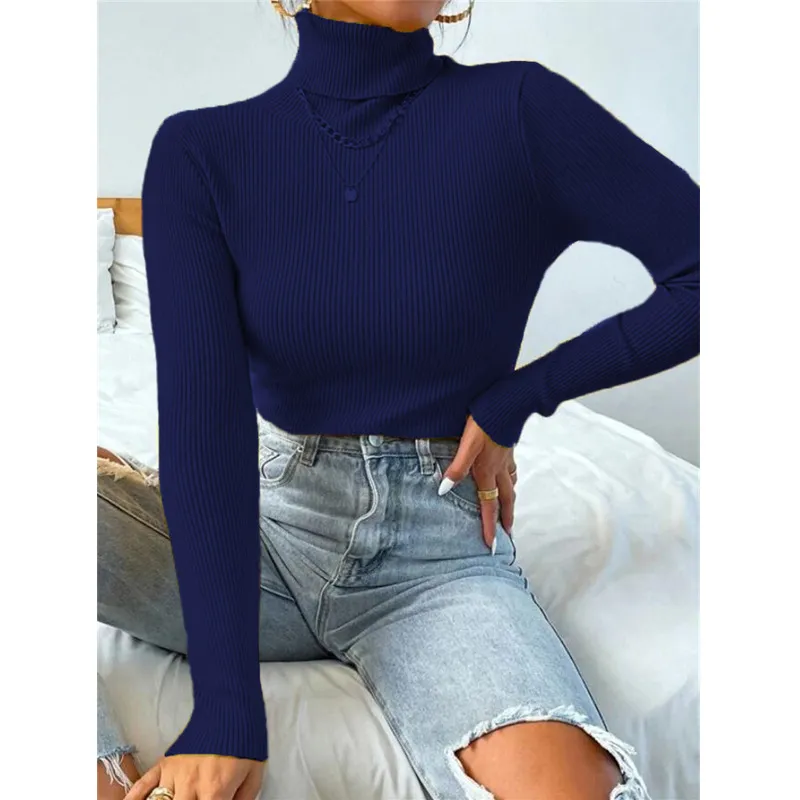 Turtleneck Sweater Pullover Knitted Top T-shirt - Navy