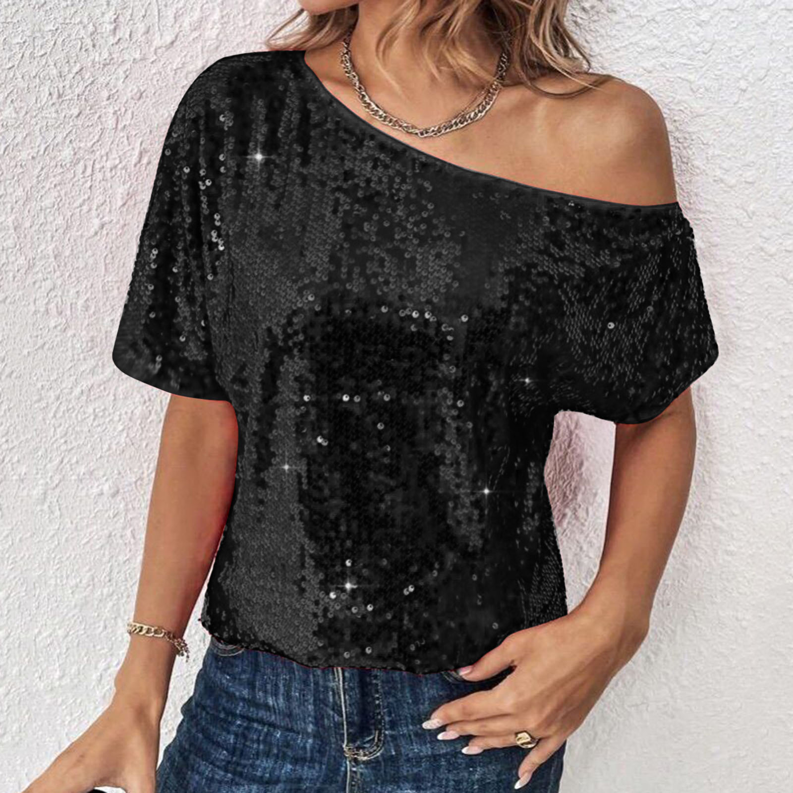 Womens Casual Solid-Color Loose Off-Shoulder Sequin T-Shirt