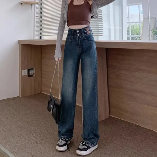Retro High Waist Jeans Women's Straight Plus Size Wide Leg Pants Retro Blue - Shop at LoveMi