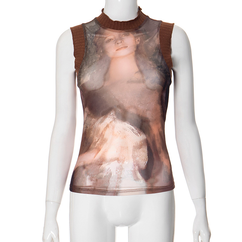 European And American Retro Printed Patchwork Round Neck Sleeveless Mesh Top