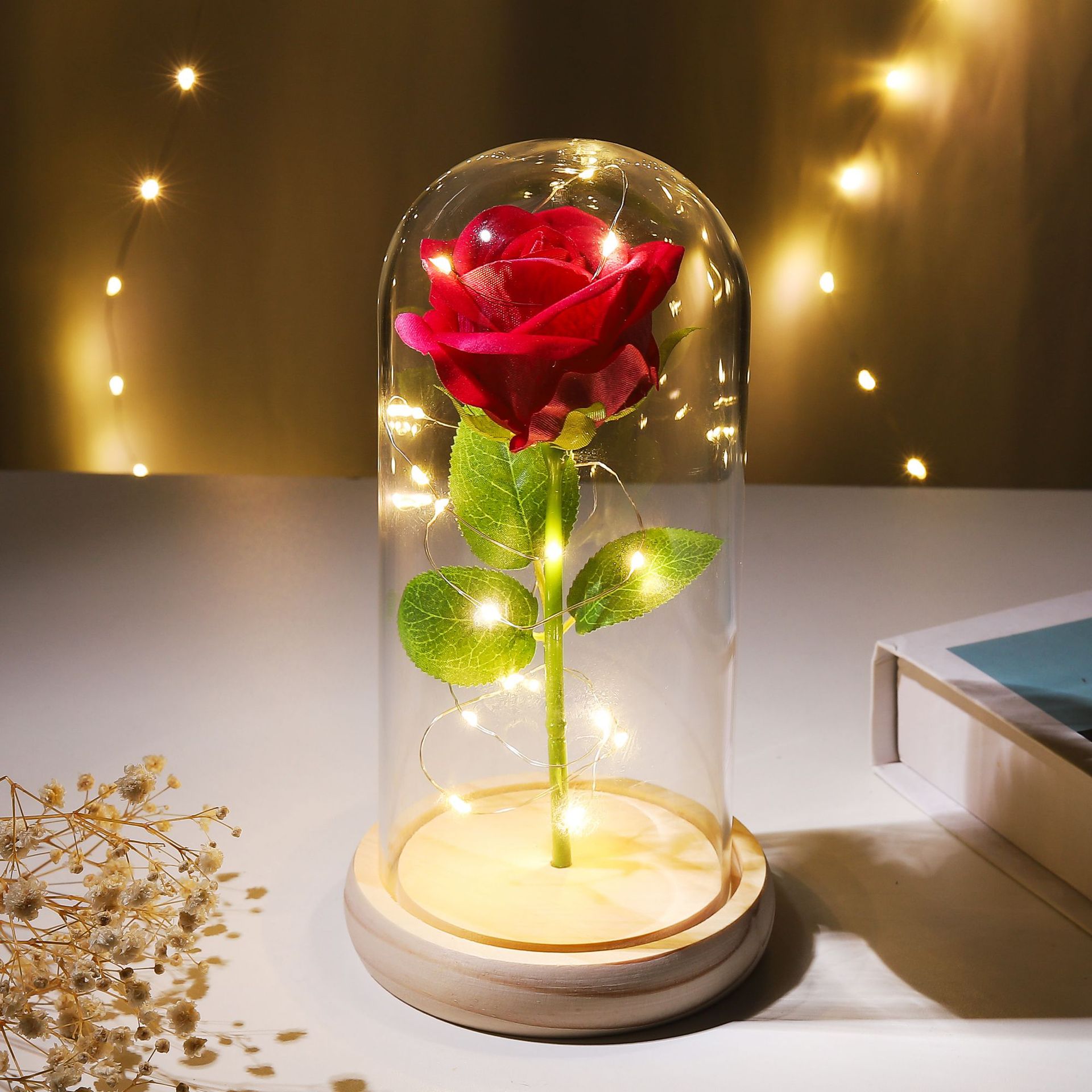 Preserved Flower Glass Dome Artificial Rose Night Light For Christmas