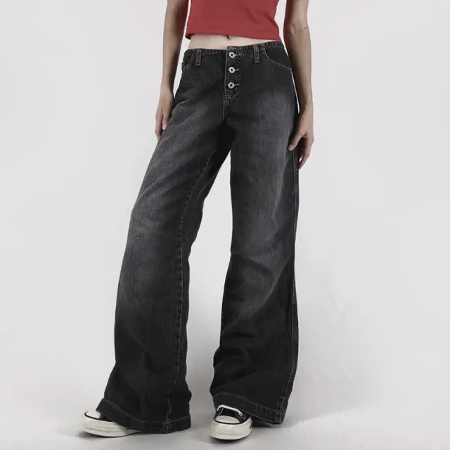 American style Retro Breasted Wide leg Denim Trousers Black - Shop at LoveMi