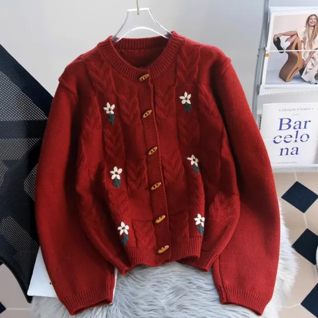 Retro Machine Embroidery Cable knit Sweater Coat Red - Shop at LoveMi