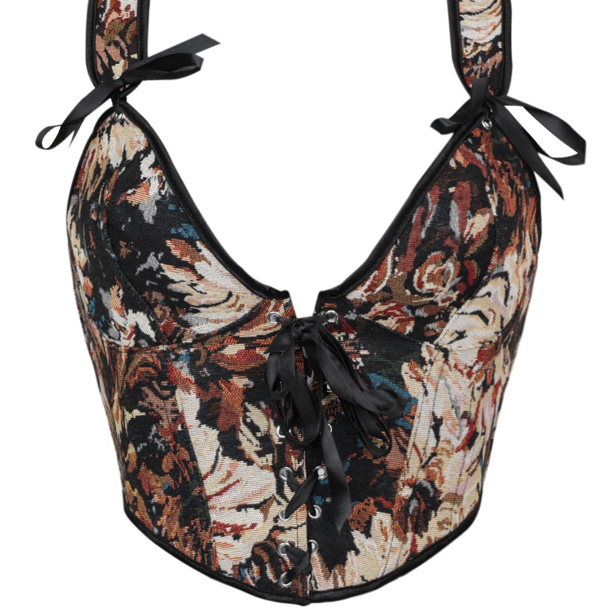 New French-style Oil Painting Inspired Front-tie Fishbone Waist Cincher