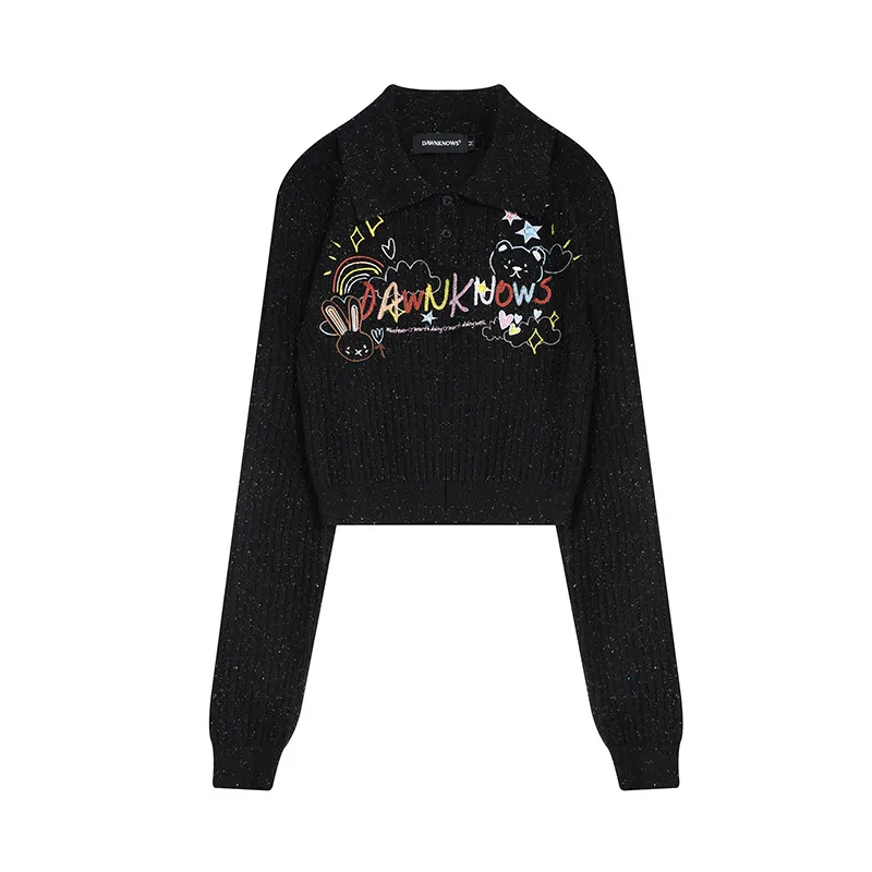 Sweet And Spicy Style Colorful Cute Cartoon Embroidery Sweater - Black