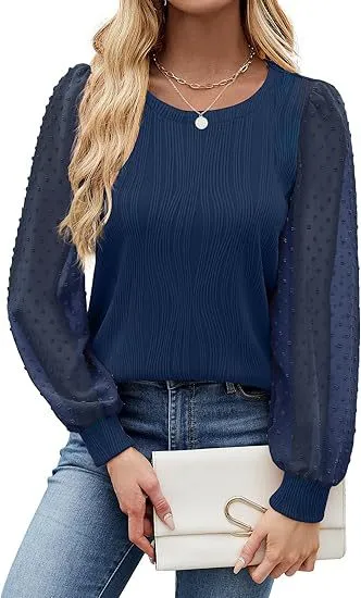 Women's Round Neck Chiffon Puff Sleeve Fashion Navy Blue - Shop at LoveMi