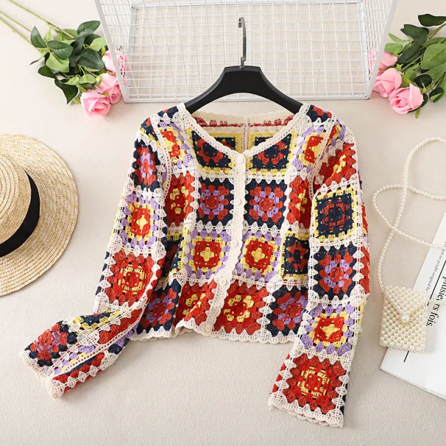 Vintage Chic Crochet Hollow Out V neck Knitted Sun proof Cardigan Coat Red - Shop at LoveMi