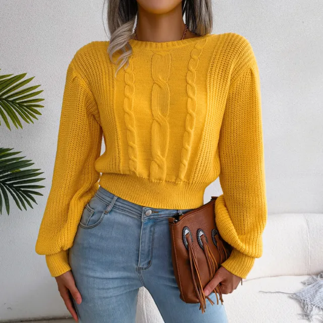 European And American Leisure Twist Lantern Sleeve Waist Trimming Knitted Sweater Yellow - Shop at LoveMi