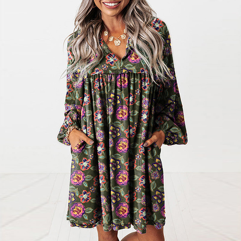 Women's Casual All-matching Printed V-neck Long-sleeve Dress