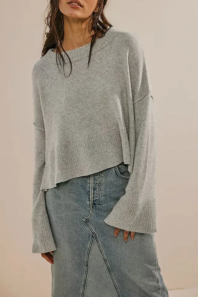 Solid Color Round neck Flared Sleeves Pullover Sweater Fashion Sweater Gray - Shop at LoveMi