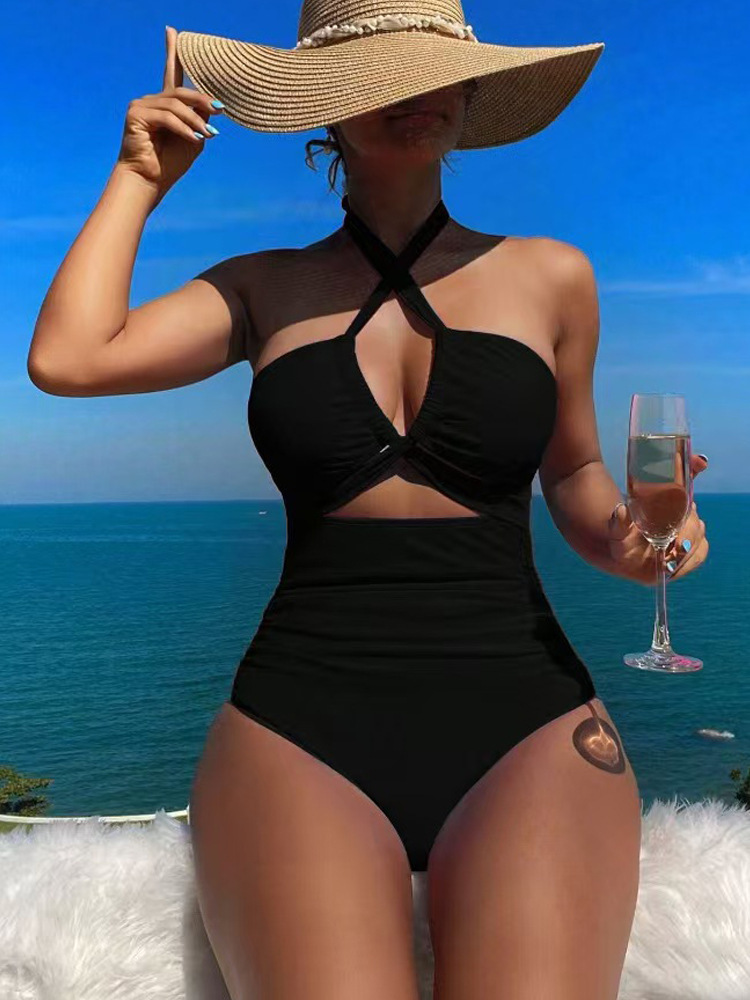 New High-waisted Solid-color Modest One-piece Swimsuit