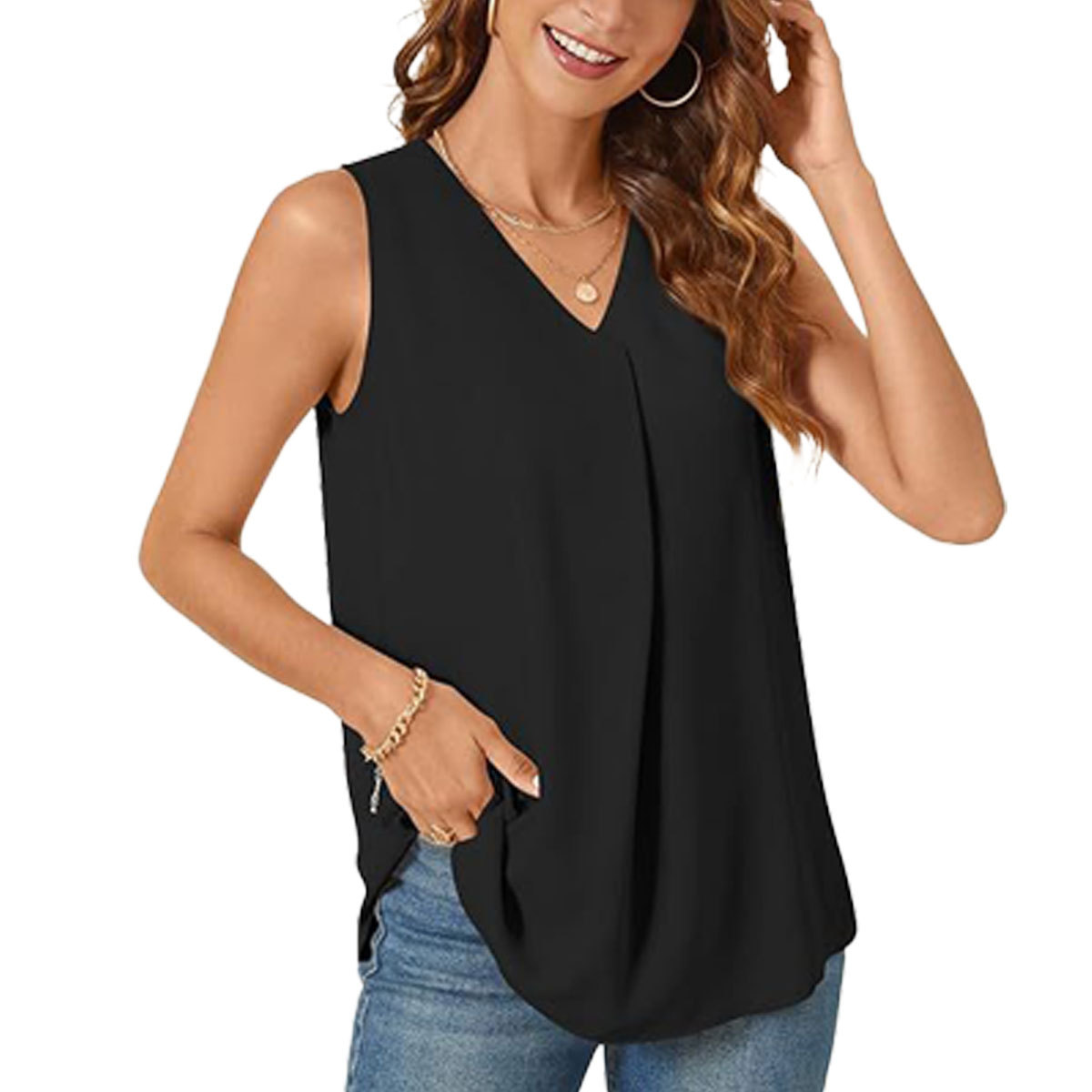 Loose-fit Solid-color Top T-shirt V-neck Sleeveless Vest