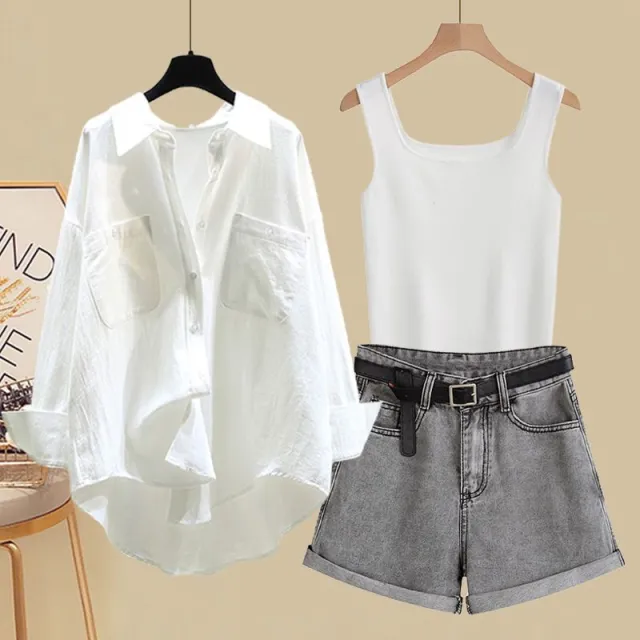 Fried Street Shirt Vest With Temperament Shorts Three piece Set White Vest 3Pcs Set - Shop at LoveMi