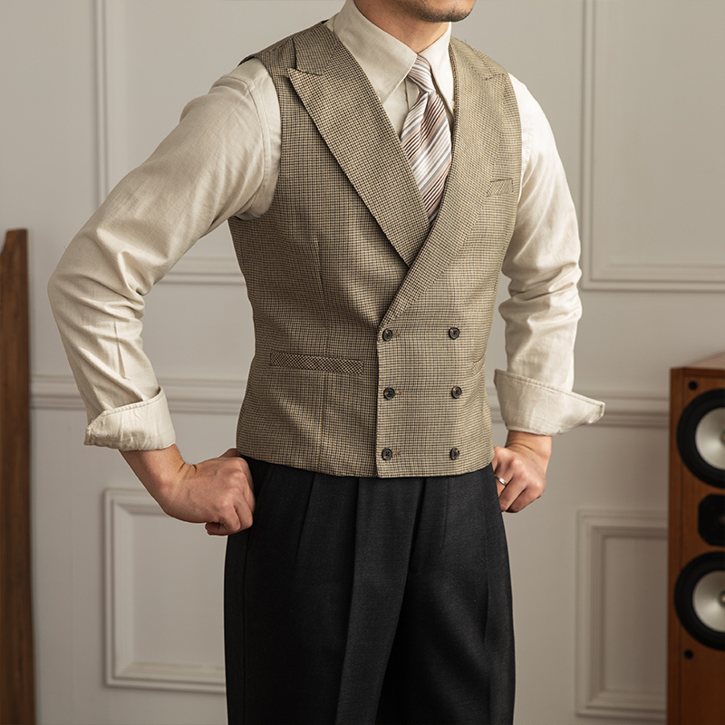 Double Breasted Casual Wedding Houndstooth Waistcoat