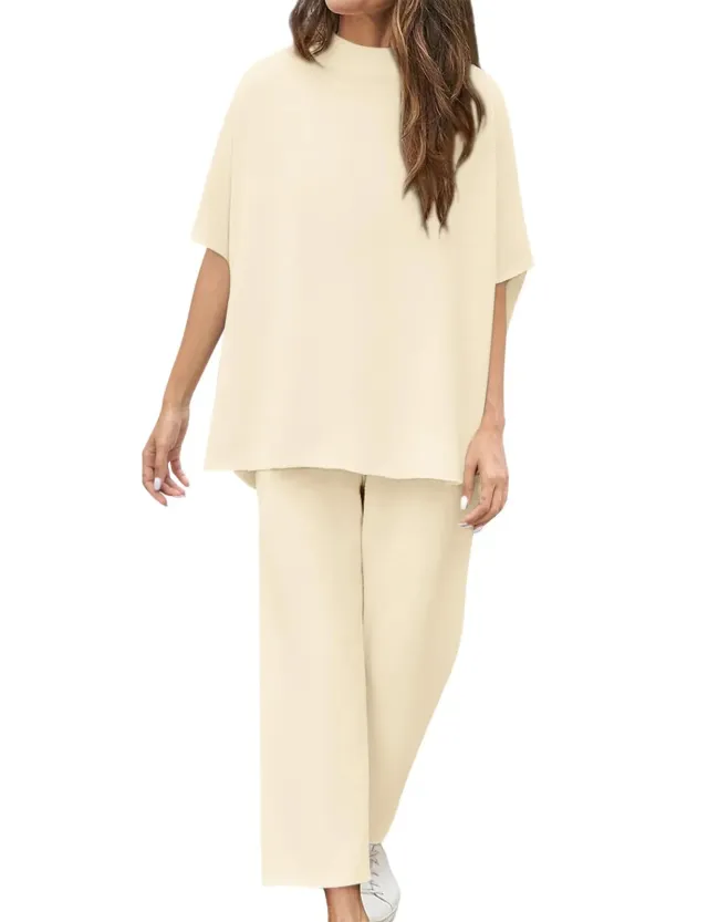 Casual Dolman Sleeve Pullover Wide Leg Pants Suit Apricot - Shop at LoveMi