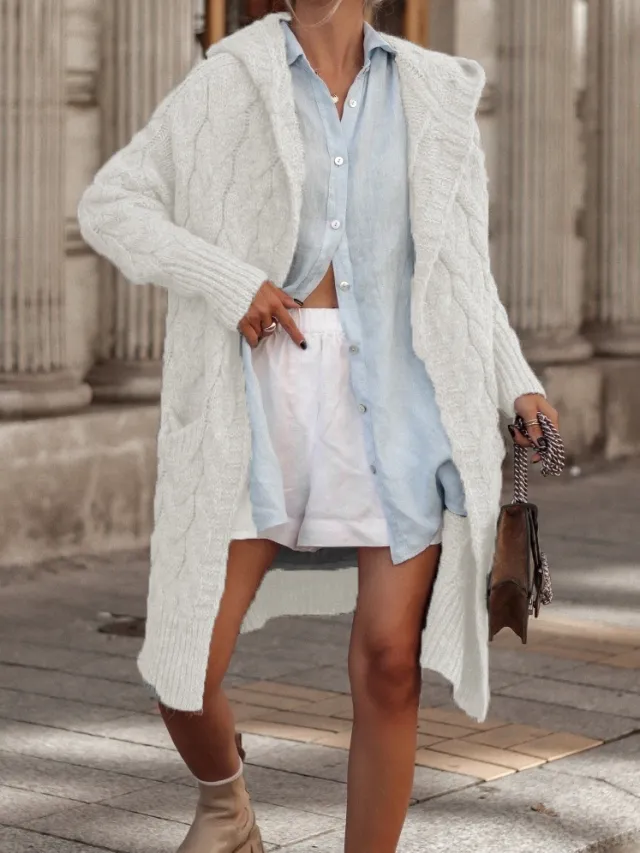 Long Twist Hooded Cardigan Sweater Coat Women's Top Beige - Shop at LoveMi