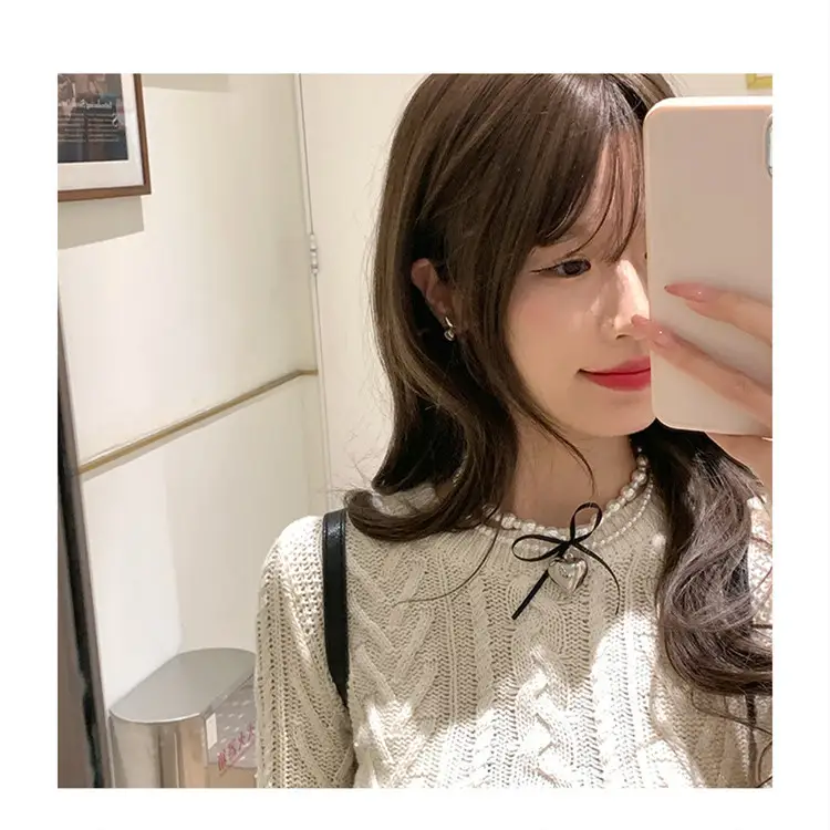 Sweet Cool Style Ribbon Bow Love Double-layer Pearl Necklace Women