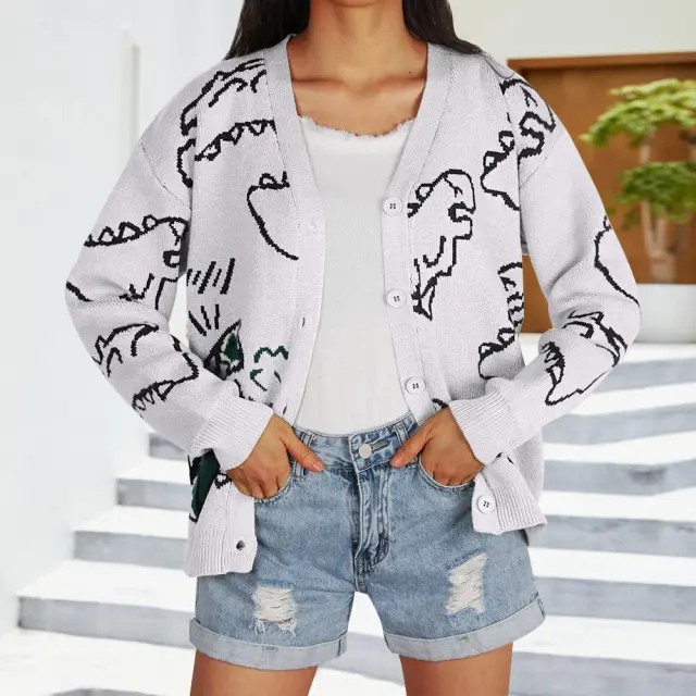 New Loose Cartoon Dinosaur Knit Sweater White - Shop at LoveMi