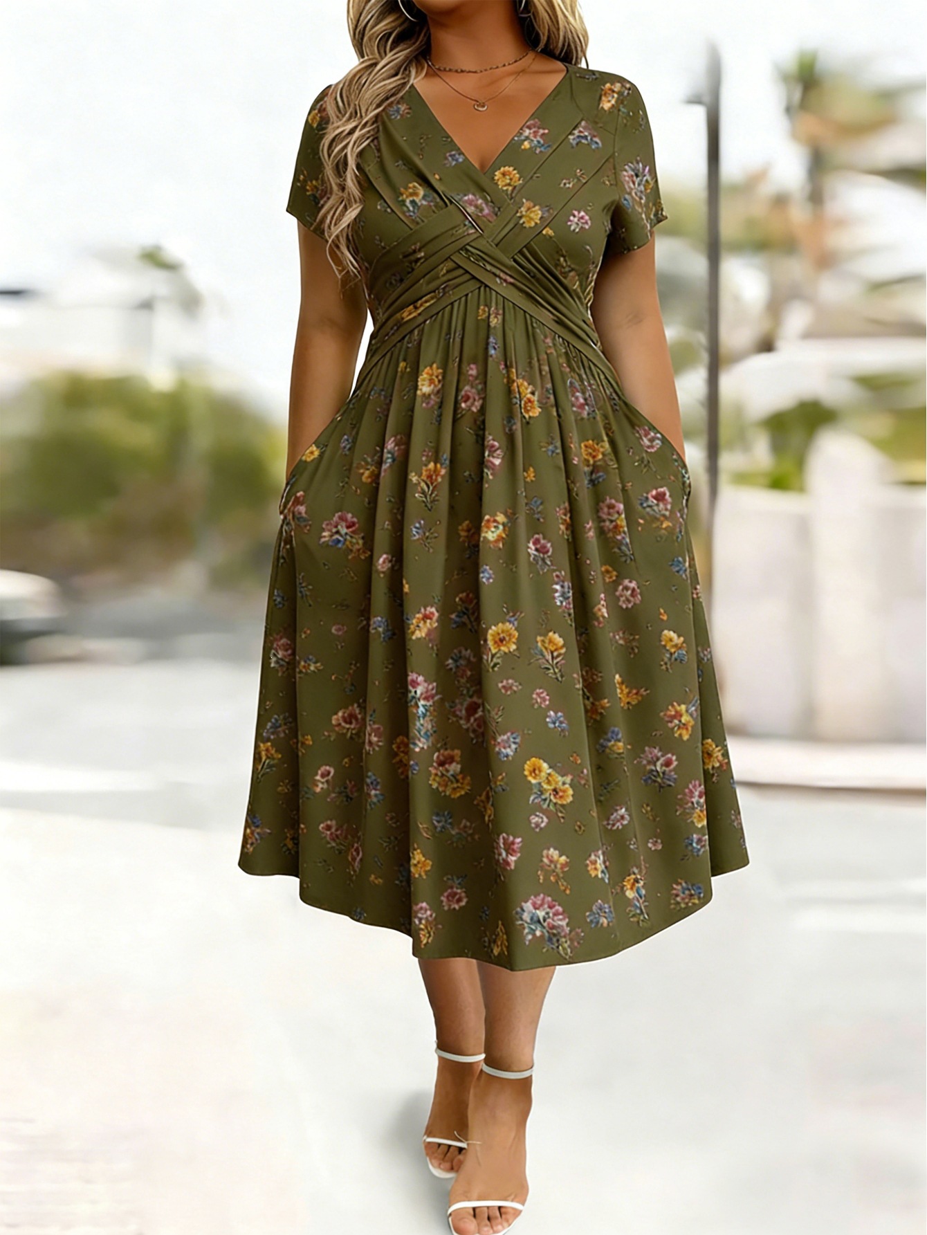 Plus-size Short-sleeve Floral Dress