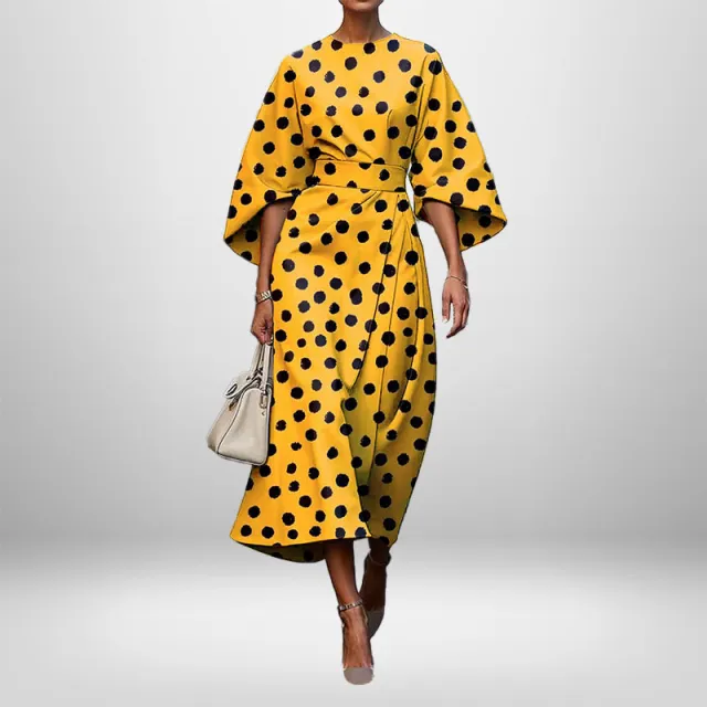 Women's Elegant Fashion Print Round Neck Long Dress Yellow And Black Polka Dot - Shop at LoveMi