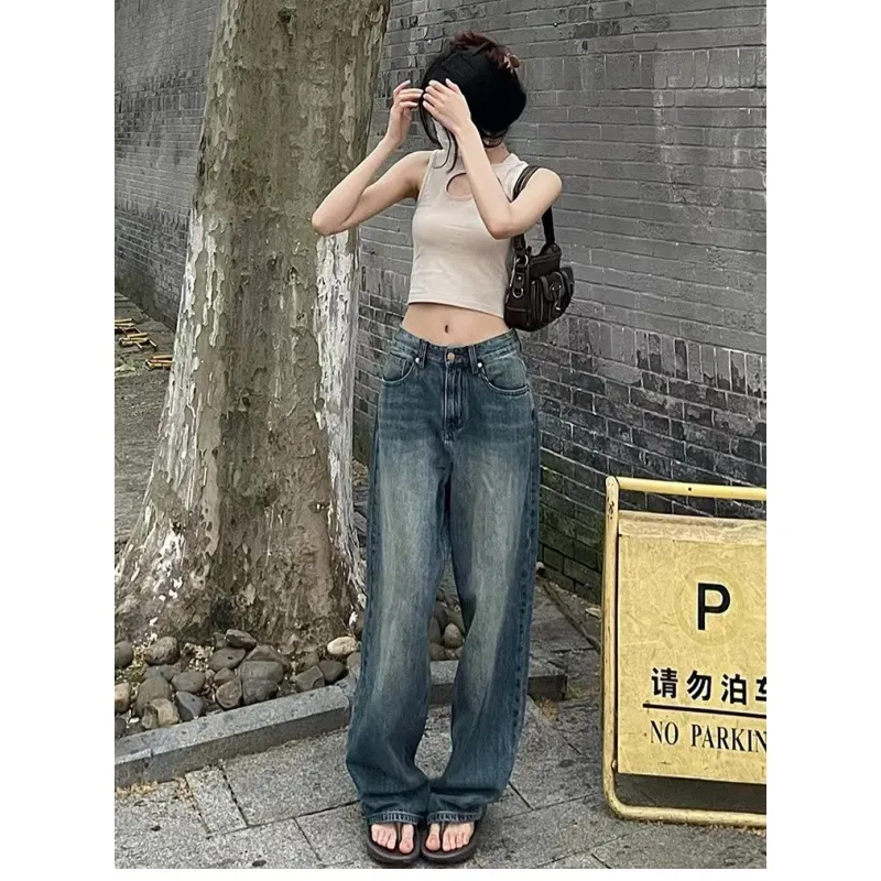 Loose High Waist Slimming Straight Mopping Pants - Retro Blue