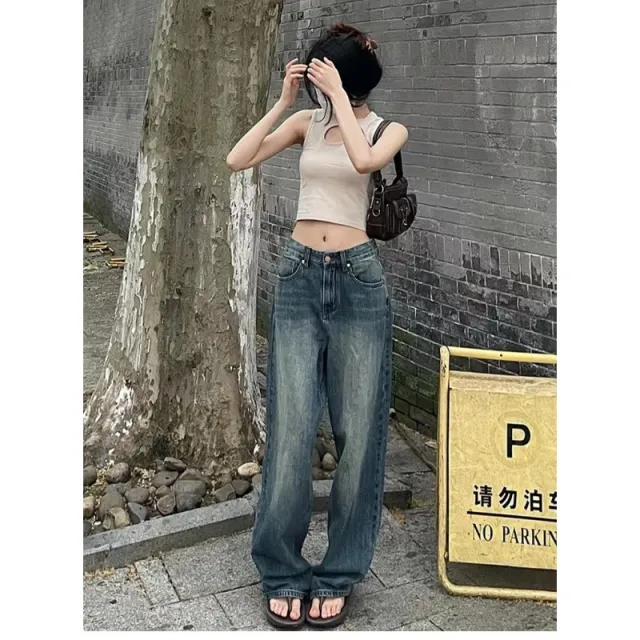 Loose High Waist Slimming Straight Mopping Pants Retro Blue - Shop at LoveMi
