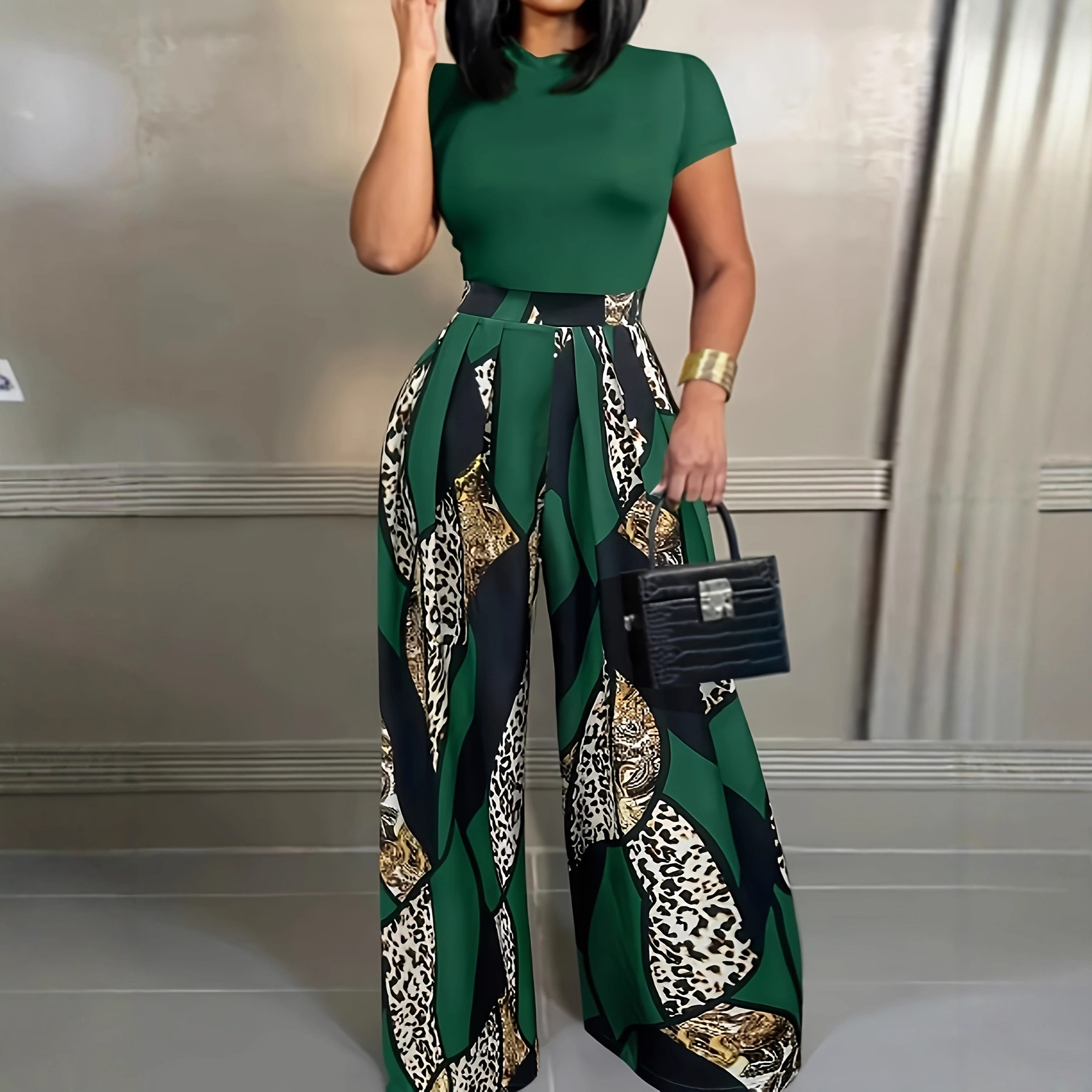 European And American-style Short-sleeve Slim-fit T-shirt And Elastic-waist Printed Wide-leg Pants Two-piece Set