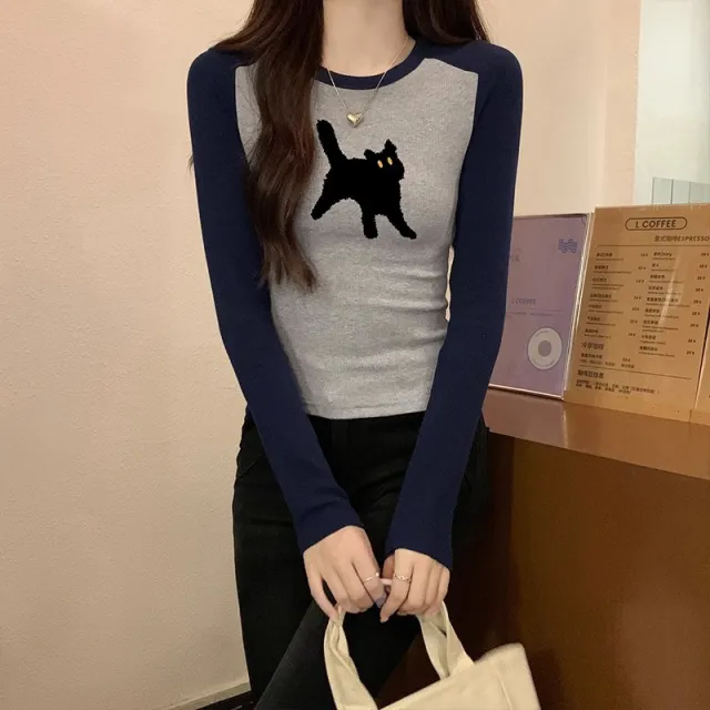 Women's Long sleeved T shirt Early Autumn Printed Design Color Contrast Bottoming Shirt Top Navy - Shop at LoveMi