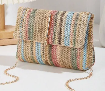 Fashion Crossbody Bag Straw Lock Closure Simple Small Square Bag - Apricot