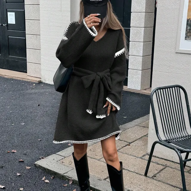 Tie Waist Trimming Loose Knitted V neck Dress Black - Shop at LoveMi