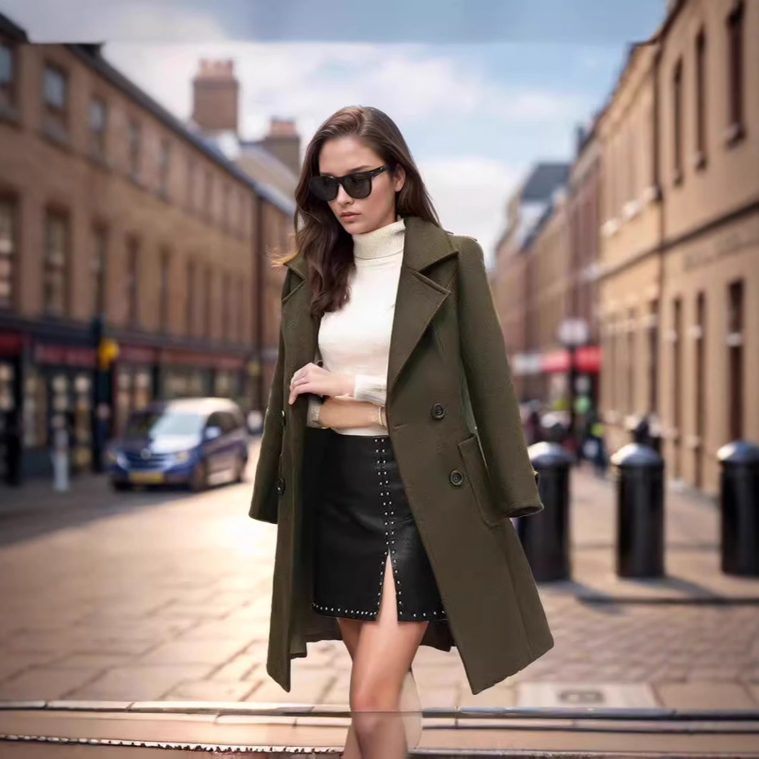 Womens Korean-style Slim-fit Figure-flattering Fashionable Belted Wool Coat