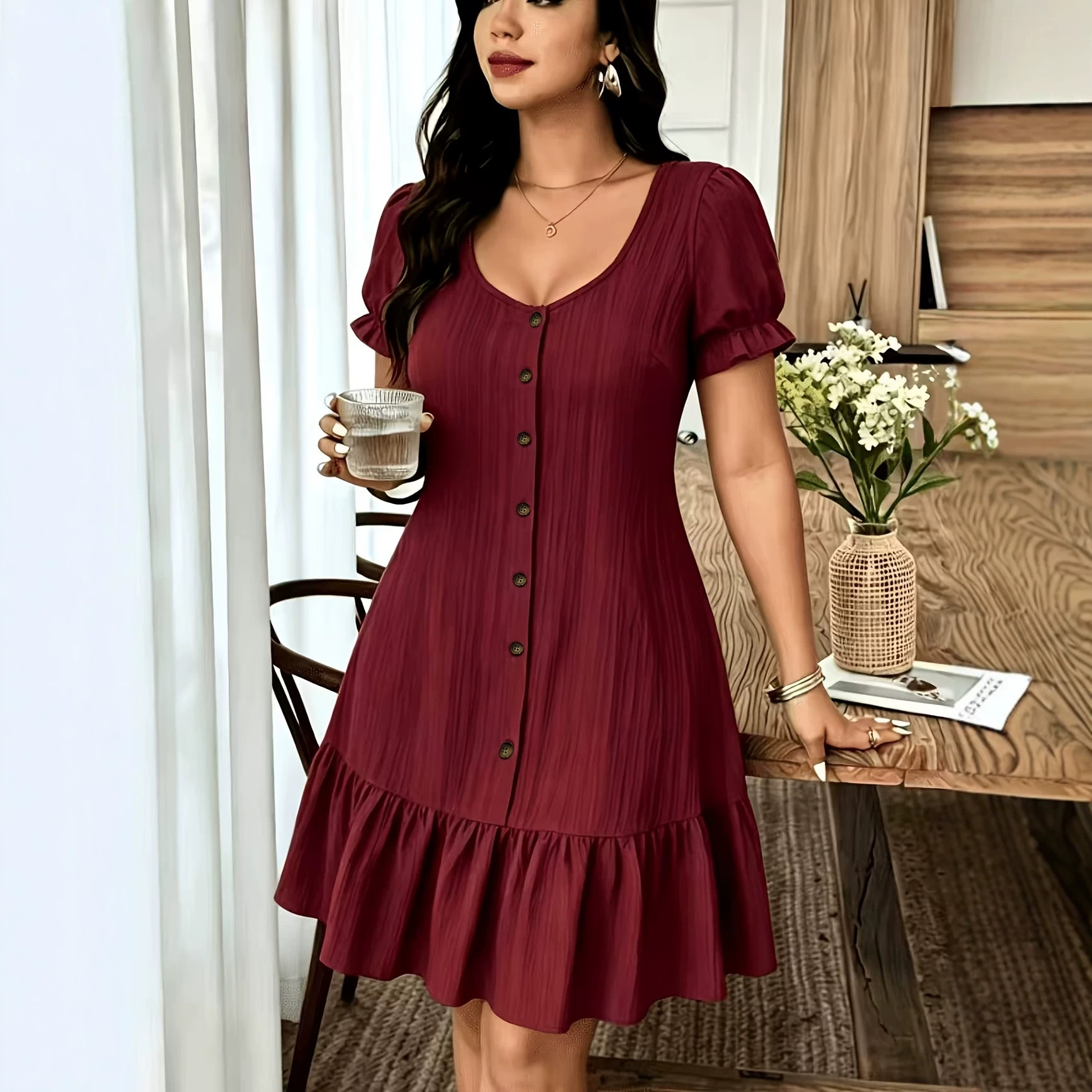 Stylish French-inspired Soft-textured Top With Front-row Buttons And A Ruffled Hemversatile And Easy To Pair