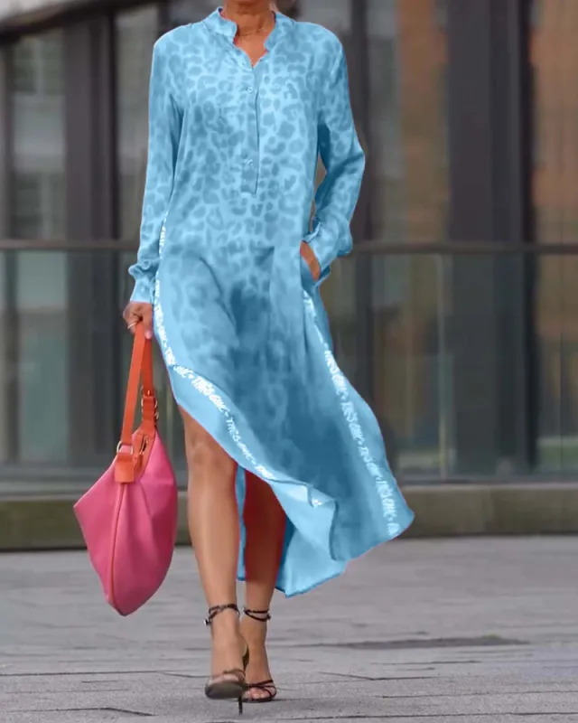 European And American Printed Long Sleeve V neck Leopard Print Split Pocket Dress Blue - Shop at LoveMi