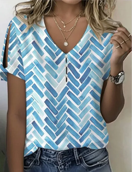 Floral Print Button Spring And Summer Women's Clothing T shirt Short Sleeve Light Blue - Shop at LoveMi