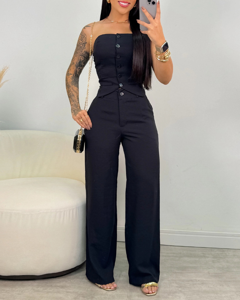 Tube Top Button Vest Closure Placket Wide Leg Trousers Suit