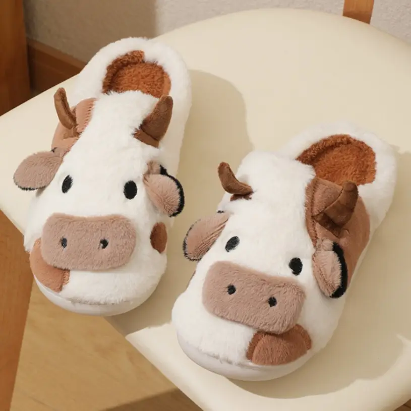 Indoor Home Cartoon Cow Fur Cotton Slippers Female