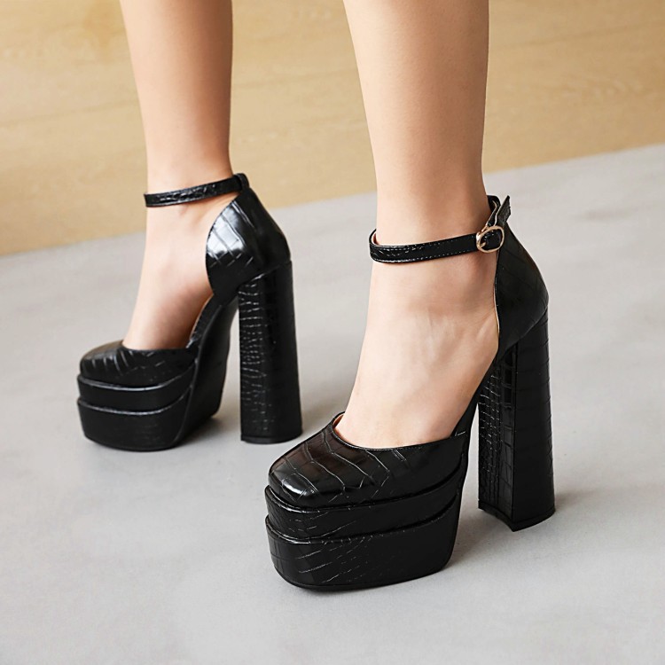 Womens Solid-color Chunky-heeled Pumps With A Front Strap
