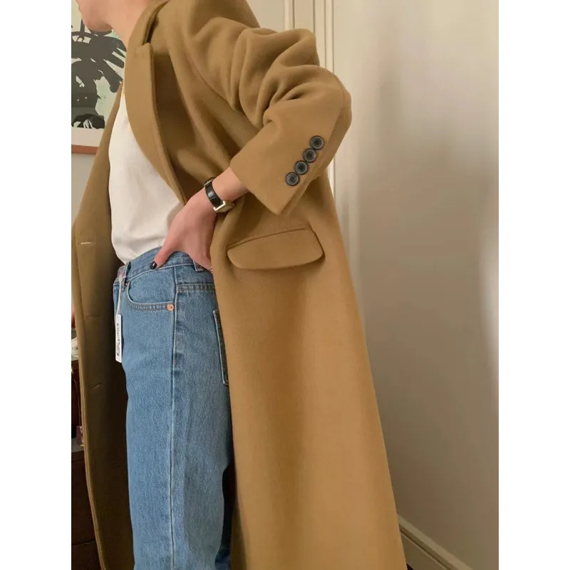 Loose Versatile Below The Knee Long Woolen Coat - Brown