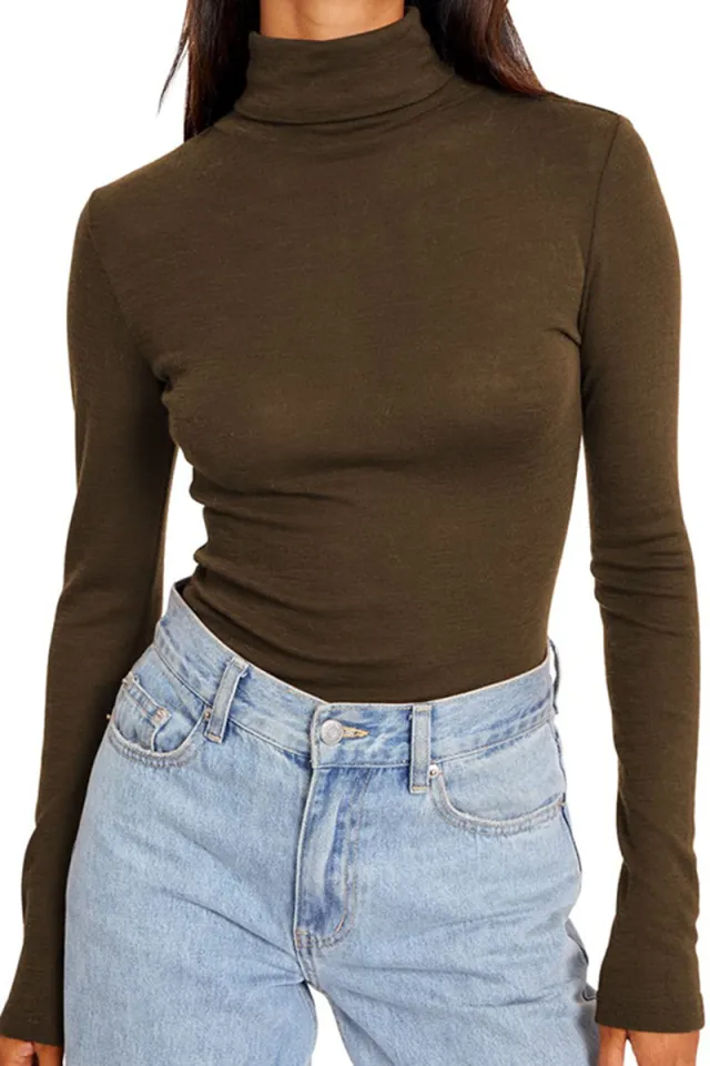 Women's High Necked Long Sleeved Shirt Brown - Shop at LoveMi