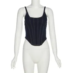 Women's Retro Solid Color Denim Vest Sexy Low-cut Slimming Camisole - Blue - View 1