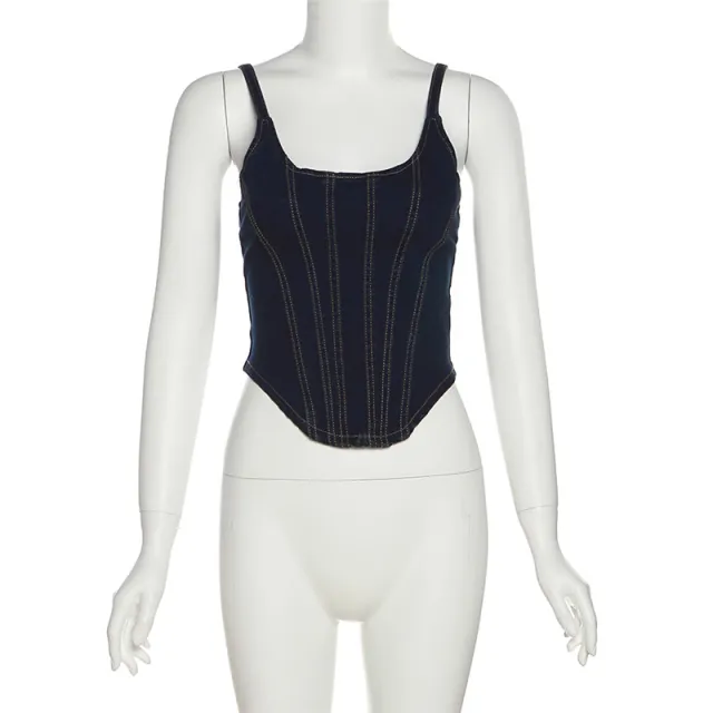 Women's Retro Solid Color Denim Vest Sexy Low cut Slimming Camisole Blue - Shop at LoveMi