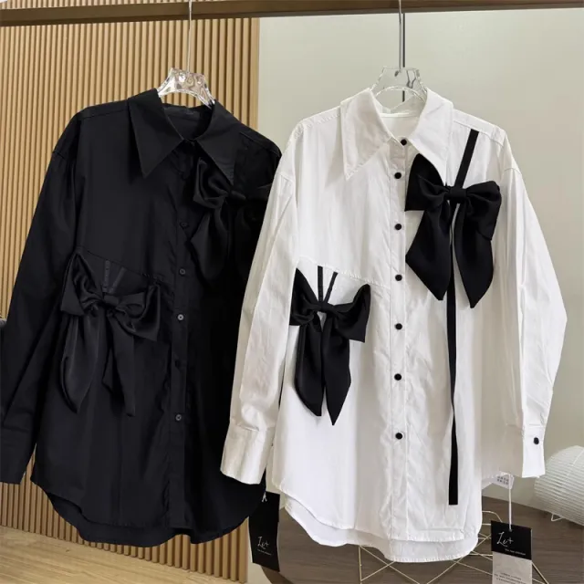 French Style Three dimensional Bow Long Sleeve Shirt White - Shop at LoveMi