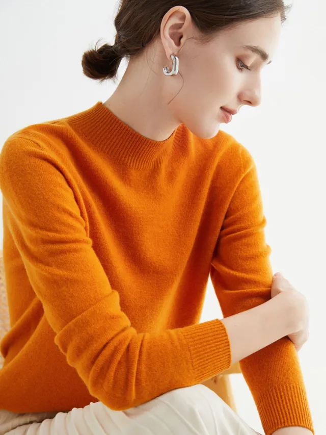Half High Collar Pure Wool Women's Long Sleeved Knitted Base Sweater Pumpkin Color - Shop at LoveMi