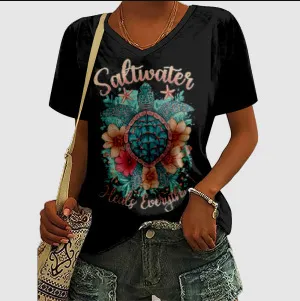 Women's Turtle Print Casual V neck Short Sleeve Pattern 6 - Shop at LoveMi