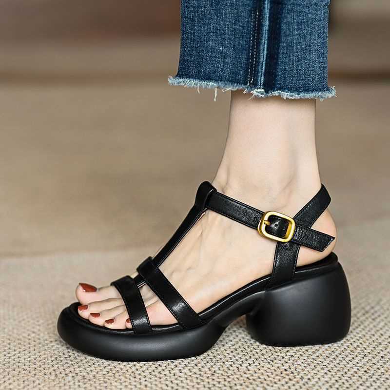 Sandales à talons épais et à semelles épaisses pour femmes en cuir véritable – Image 4