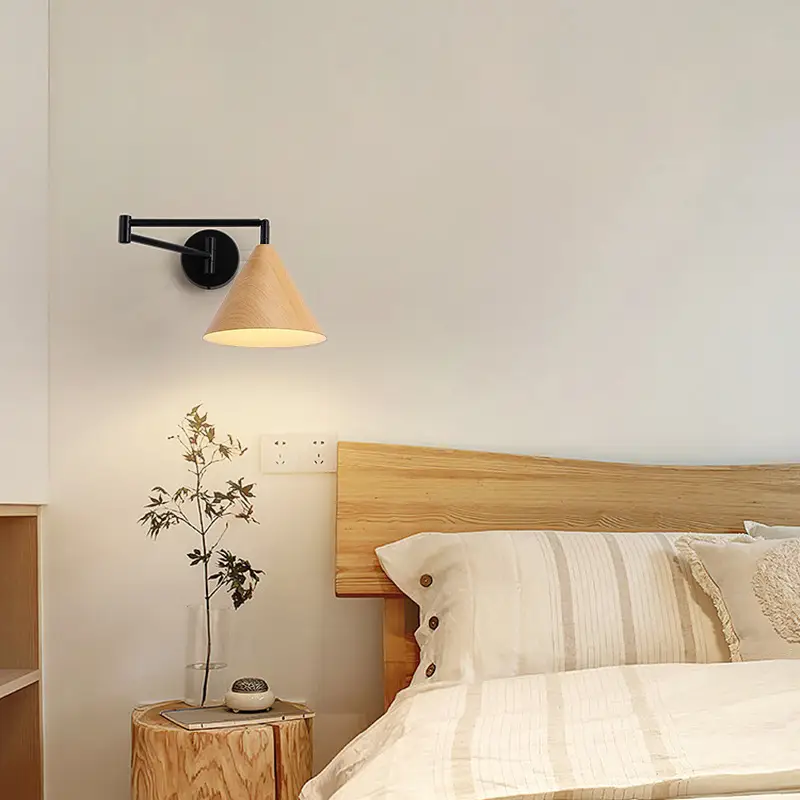 Simple Nordic Retractable Wood Grain Rocker Arm Lamp