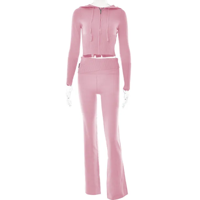 Knitted Hooded Suits Women's High Waist Long Sleeves Trousers Two piece Set Pink - Shop at LoveMi