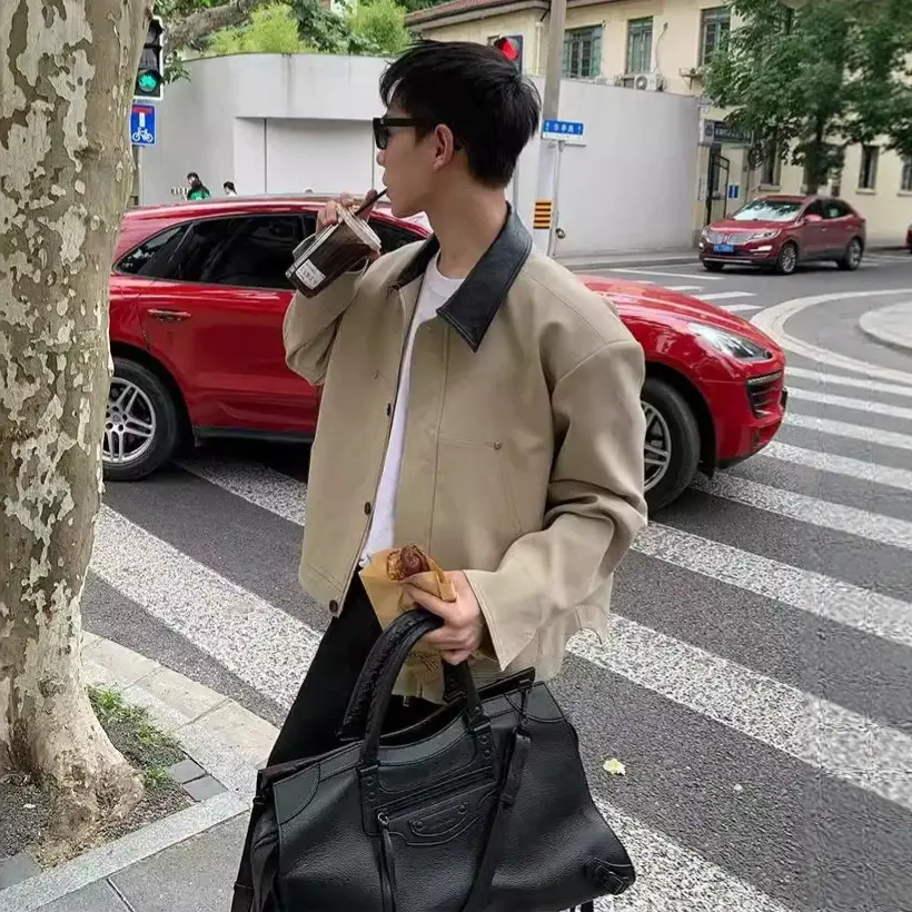 American-style Vintage Suede Lapel Color-block Casual Jacket
