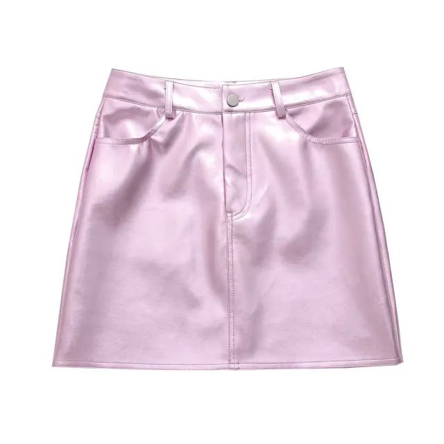 Women's Glossy High Waist Fashion Button Decoration Hip Skirt Pink - Shop at LoveMi