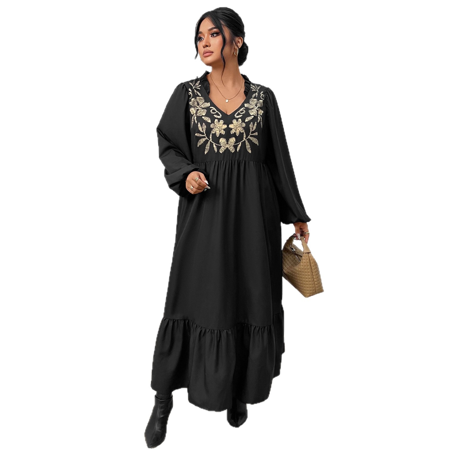 Women's Printed European And American High-Waisted Slim Black Ruffled Dress
